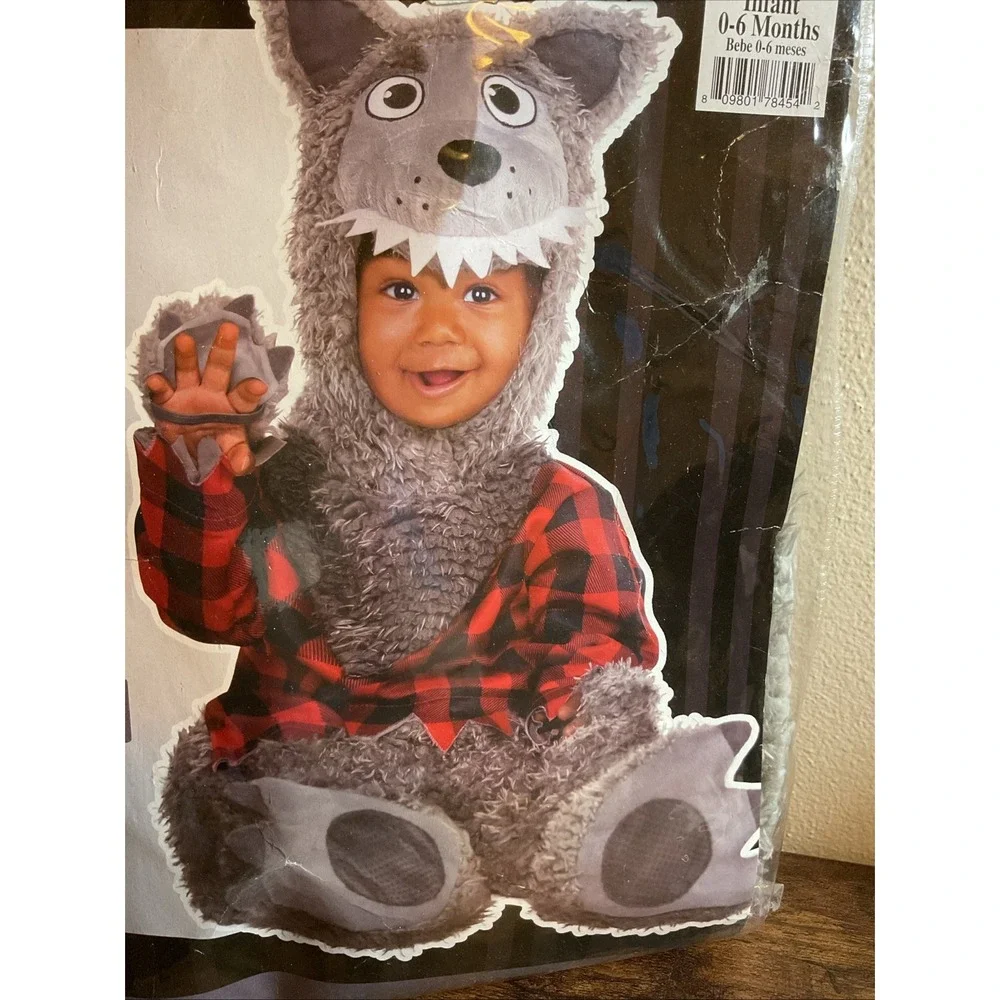 New Baby Wolf Costume Infant Size 0-6‎ Months 4 Piece Hood, Jumpsuit, & Booties